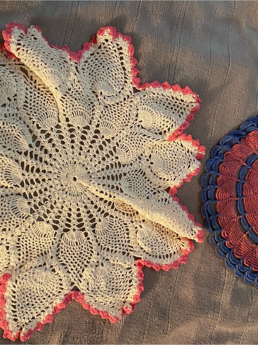Hand Crafted Cream Crochet Doily with Pink Scalloped Edge